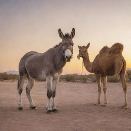 A friendly donkey standing alongside a camel in a peaceful desert setting during sunset.