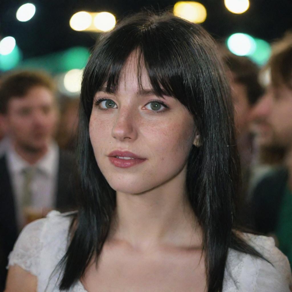 Capture a raw-style 4K HD, medium-distance side shot of a 23-year-old female not looking at the camera amidst a crowd. She has green eyes, freckles, long black hair with white streaks in the bangs, and is dressed in occasion clothes, enjoying a beer at a night party.