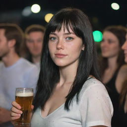 Capture a raw-style 4K HD, medium-distance side shot of a 23-year-old female not looking at the camera amidst a crowd. She has green eyes, freckles, long black hair with white streaks in the bangs, and is dressed in occasion clothes, enjoying a beer at a night party.