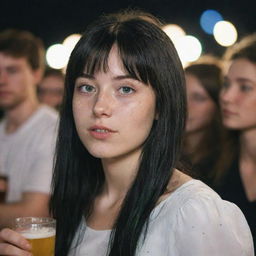 Capture a raw-style 4K HD, medium-distance side shot of a 23-year-old female not looking at the camera amidst a crowd. She has green eyes, freckles, long black hair with white streaks in the bangs, and is dressed in occasion clothes, enjoying a beer at a night party.