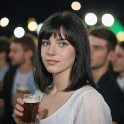 Capture a raw-style 4K HD, medium-distance side shot of a 23-year-old female not looking at the camera amidst a crowd. She has green eyes, freckles, long black hair with white streaks in the bangs, and is dressed in occasion clothes, enjoying a beer at a night party.