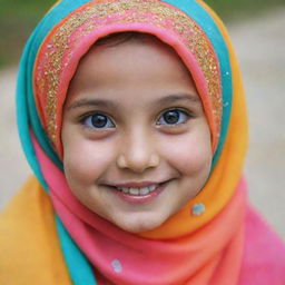 An adorable little girl in a brightly colored hijab, smiling with sparkling eyes