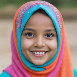 An adorable little girl in a brightly colored hijab, smiling with sparkling eyes