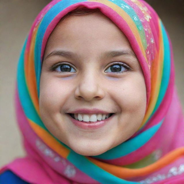 An adorable little girl in a brightly colored hijab, smiling with sparkling eyes