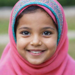 An adorable little girl in a brightly colored hijab, smiling with sparkling eyes