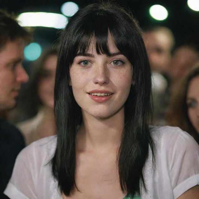 Capture a raw-style 4K HD, medium-distance shot of a 23-year-old female not looking at the camera, speaking with people. She has green eyes, freckles, long black hair with white streaks in the bangs, and is dressed in occasion clothes, enjoying a beer at a night party.