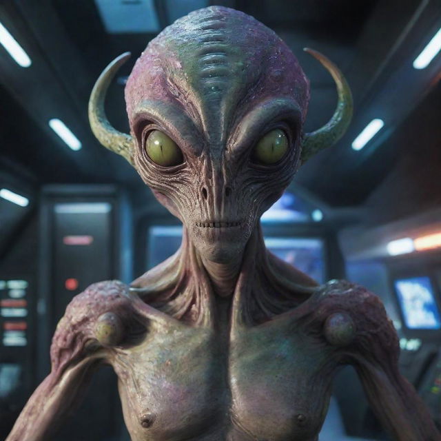 An alien of unknown origin, with multi-colored skin, multiple eyes, and tentacle-like appendages standing in front of a spaceship.