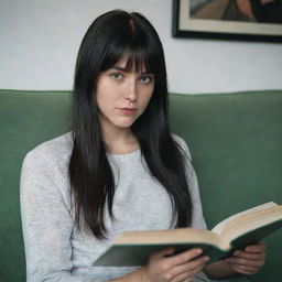 Casual photography of a 23-year-old female with green eyes and black long hair with white streaks in the bangs, freckles, reading a book on a sofa and not looking at the camera, dressed in occasion-specific clothes. Medium distance shot in raw style with 4k HD quality.