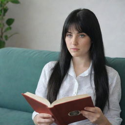 Casual photography of a 23-year-old female with green eyes and black long hair with white streaks in the bangs, freckles, reading a book on a sofa and not looking at the camera, dressed in occasion-specific clothes. Medium distance shot in raw style with 4k HD quality.