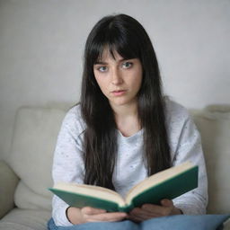 Casual photography of a 23-year-old female with green eyes and black long hair with white streaks in the bangs, freckles, reading a book on a sofa and not looking at the camera, dressed in occasion-specific clothes. Medium distance shot in raw style with 4k HD quality.