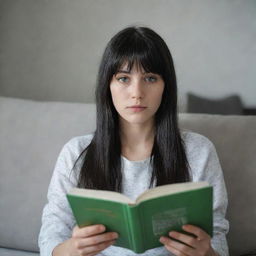 Casual photography of a 23-year-old female with green eyes and black long hair with white streaks in the bangs, freckles, reading a book on a sofa and not looking at the camera, dressed in occasion-specific clothes. Medium distance shot in raw style with 4k HD quality.