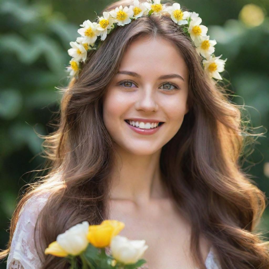 A stunningly beautiful girl with radiant, sun-kissed skin, expressive eyes, a heartwarming smile, and long flowing hair adorned with flowers.