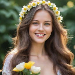 A stunningly beautiful girl with radiant, sun-kissed skin, expressive eyes, a heartwarming smile, and long flowing hair adorned with flowers.