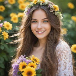 A stunningly beautiful girl with radiant, sun-kissed skin, expressive eyes, a heartwarming smile, and long flowing hair adorned with flowers.