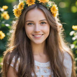 A stunningly beautiful girl with radiant, sun-kissed skin, expressive eyes, a heartwarming smile, and long flowing hair adorned with flowers.