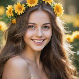 A stunningly beautiful girl with radiant, sun-kissed skin, expressive eyes, a heartwarming smile, and long flowing hair adorned with flowers.