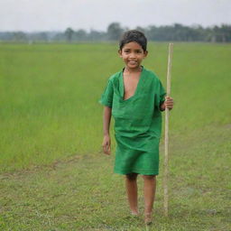 A young boy clad in a traditional Bengali lungi holding a stick, with the backdrop portraying the quintessential Bangladeshi environment with lush green paddy fields.