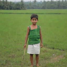 A young boy clad in a traditional Bengali lungi holding a stick, with the backdrop portraying the quintessential Bangladeshi environment with lush green paddy fields.