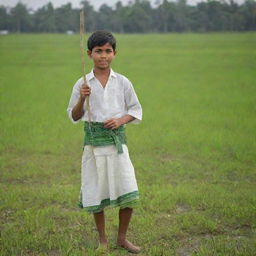 A young boy clad in a traditional Bengali lungi holding a stick, with the backdrop portraying the quintessential Bangladeshi environment with lush green paddy fields.