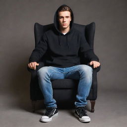 Generate a 3D illusion of a 25 year old attractive young man in a black hoodie, sitting casually on a Wingback chair. He is wearing sneakers.