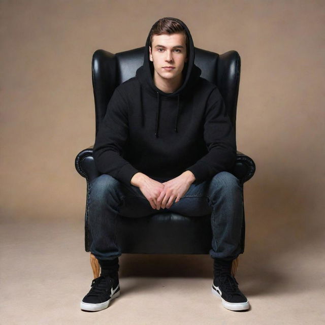 Generate a 3D illusion of a 25 year old attractive young man in a black hoodie, sitting casually on a Wingback chair. He is wearing sneakers.