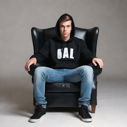 Generate a 3D illusion of a 25 year old attractive young man in a black hoodie, sitting casually on a Wingback chair. He is wearing sneakers.