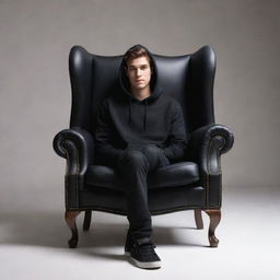 Generate a 3D illusion of a 25 year old attractive young man in a black hoodie, sitting casually on a Wingback chair. He is wearing sneakers.