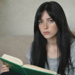 A candid shot of a 23-year-old female with green eyes, freckles, and black long hair with white streaks in the bangs. She is lying on a sofa reading a book and not looking at the camera, in occasion-appropriate attire. Raw style, medium shot, 4k HD.