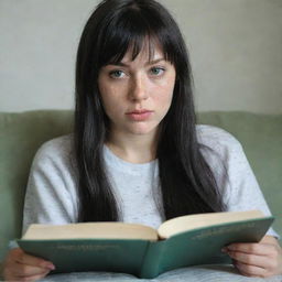 A candid shot of a 23-year-old female with green eyes, freckles, and black long hair with white streaks in the bangs. She is lying on a sofa reading a book and not looking at the camera, in occasion-appropriate attire. Raw style, medium shot, 4k HD.