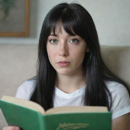 A candid shot of a 23-year-old female with green eyes, freckles, and black long hair with white streaks in the bangs. She is lying on a sofa reading a book and not looking at the camera, in occasion-appropriate attire. Raw style, medium shot, 4k HD.