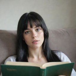 A candid shot of a 23-year-old female with green eyes, freckles, and black long hair with white streaks in the bangs. She is lying on a sofa reading a book and not looking at the camera, in occasion-appropriate attire. Raw style, medium shot, 4k HD.