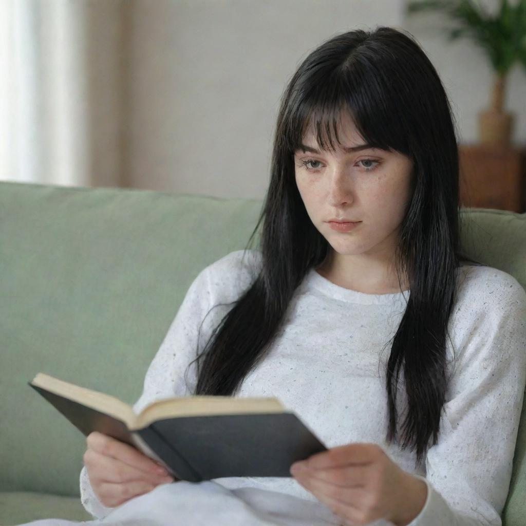 Capture a raw-style 4K HD, medium-distance shot of a 23-year-old female not looking at the camera as she lies on a sofa reading a book. Characterized by green eyes, freckles, long black hair with white streaks in the bangs, she's dressed in occasion clothes.