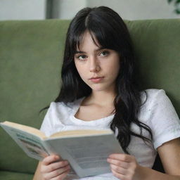 Capture a raw-style 4K HD, medium-distance shot of a 23-year-old female not looking at the camera as she lies on a sofa reading a book. Characterized by green eyes, freckles, long black hair with white streaks in the bangs, she's dressed in occasion clothes.