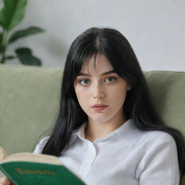 Capture a raw-style 4K HD, medium-distance shot of a 23-year-old female not looking at the camera as she lies on a sofa reading a book. Characterized by green eyes, freckles, long black hair with white streaks in the bangs, she's dressed in occasion clothes.