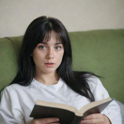 Capture a raw-style 4K HD, medium-distance shot of a 23-year-old female not looking at the camera as she lies on a sofa reading a book. Characterized by green eyes, freckles, long black hair with white streaks in the bangs, she's dressed in occasion clothes.