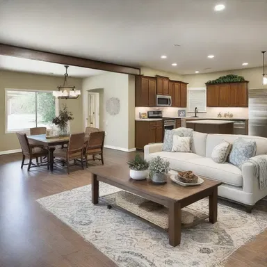 The open floor plan creates a sense of roominess and allows for easy flow between the living room, dining area, and kitchen.