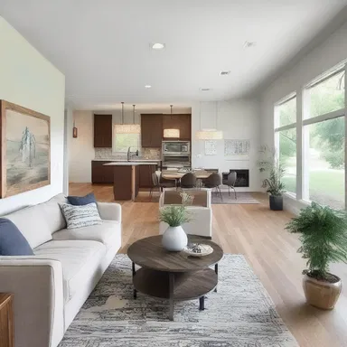 The open floor plan creates a sense of roominess and allows for easy flow between the living room, dining area, and kitchen.