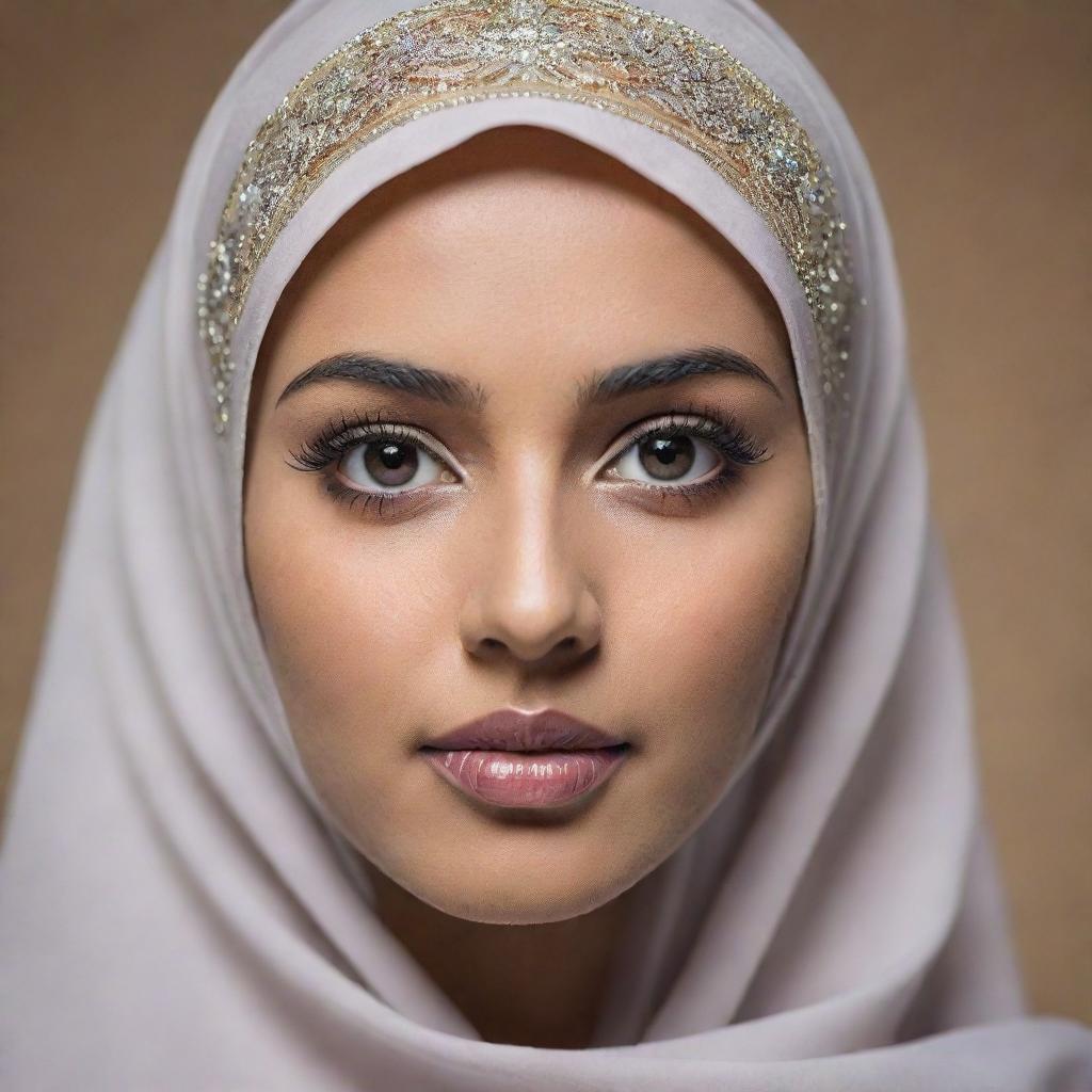 Generate a realistic portrait of a 25-year-old Muslim bride. She stands confidently in attractive, shiny hijab and niqab. She garners an air of elegance and attitude. Spelling 'Momna', the backdrop is made striking and captivating.