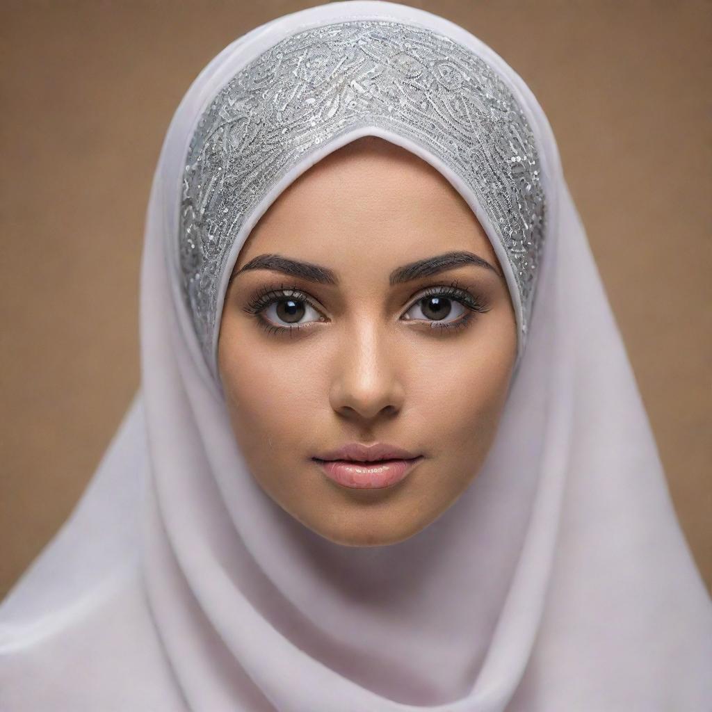 Generate a realistic portrait of a 25-year-old Muslim bride. She stands confidently in attractive, shiny hijab and niqab. She garners an air of elegance and attitude. Spelling 'Momna', the backdrop is made striking and captivating.