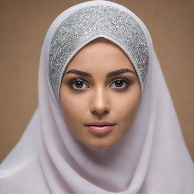 Generate a realistic portrait of a 25-year-old Muslim bride. She stands confidently in attractive, shiny hijab and niqab. She garners an air of elegance and attitude. Spelling 'Momna', the backdrop is made striking and captivating.