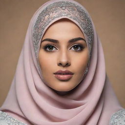 Generate a realistic portrait of a 25-year-old Muslim bride. She stands confidently in attractive, shiny hijab and niqab. She garners an air of elegance and attitude. Spelling 'Momna', the backdrop is made striking and captivating.