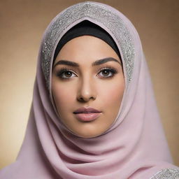 Generate a realistic portrait of a 25-year-old Muslim bride. She stands confidently in attractive, shiny hijab and niqab. She garners an air of elegance and attitude. Spelling 'Momna', the backdrop is made striking and captivating.