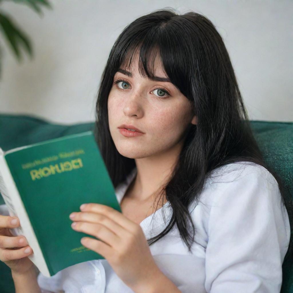 Create a raw-style 4K HD image for an advertising campaign, featuring a 23-year-old female not looking at the camera, lying on a sofa reading a book. She has green eyes, freckles, long black hair with white streaks in the bangs, and is in occasion clothes.