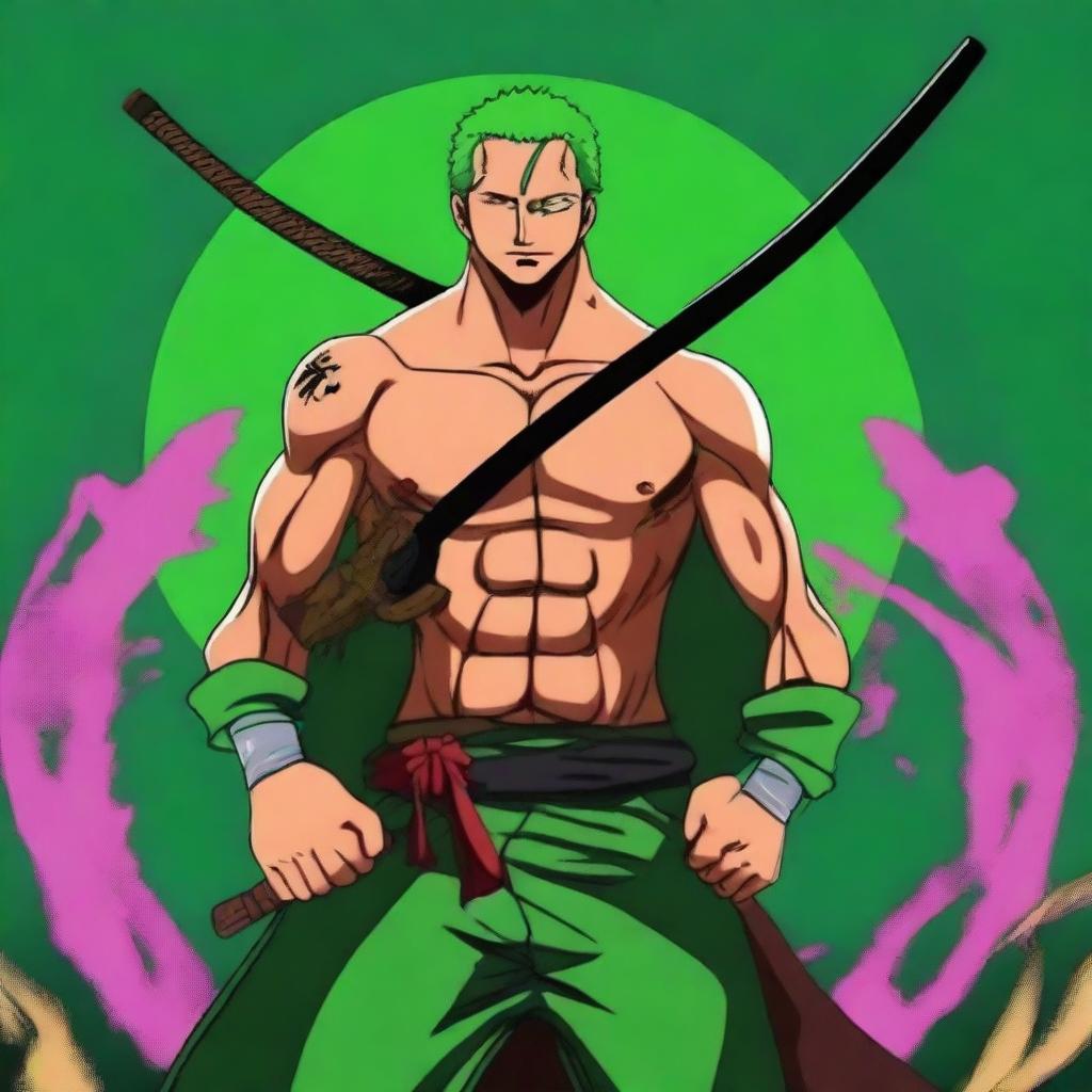 An anime-style digital art featuring Zoro from One Piece