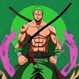 An anime-style digital art featuring Zoro from One Piece