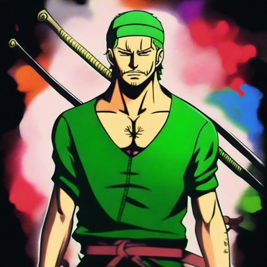 An anime-style digital art featuring Zoro from One Piece