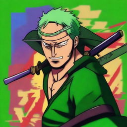 An anime-style digital art featuring Zoro from One Piece