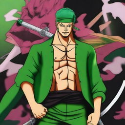 An anime-style digital art featuring Zoro from One Piece