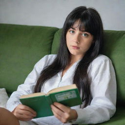 Create a raw-style 4K HD image for an advertising campaign, featuring a 23-year-old female not looking at the camera, lying on a sofa reading a book. She has green eyes, freckles, long black hair with white streaks in the bangs, and is in occasion clothes.