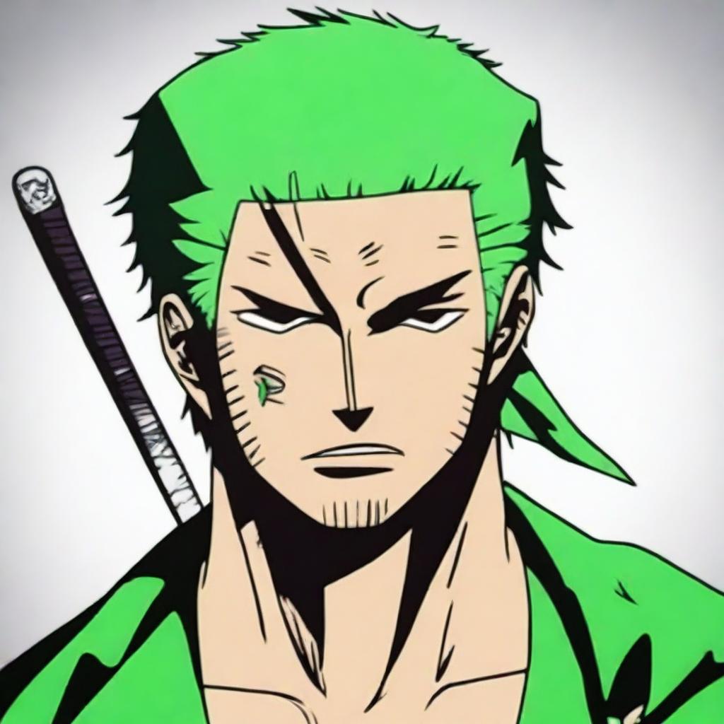 A high-quality digital art piece that closely resembles Zoro from the One Piece manga